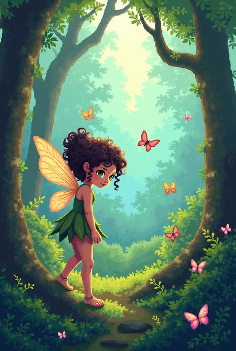 ((Pixel Art Style)) A fairy with curly hair in forest with butterflies and good view please add more extra pixel 