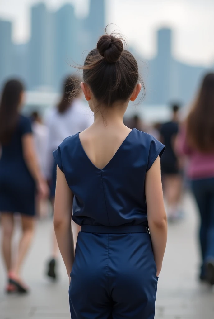 full body shot with butt focus of cute Chinese little ten year old girl in hong kong port, wearing shiny loose fitting silk satin navy blue formal jumpsuit, tiny perky breasts, seductive, view from behind, tight pants, nice bum, looking over shoulder, dayt...