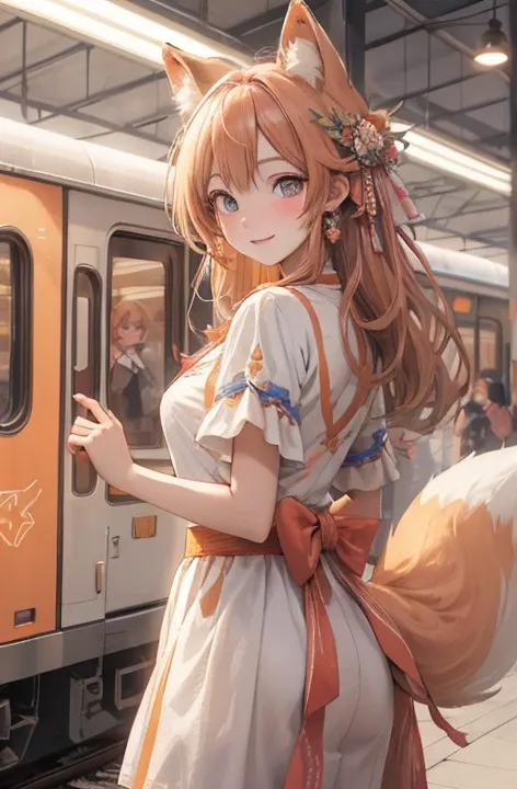 (  Masterpiece ),    best quality ,    super high resolution, A bustling station，People passing by々  、Its a , baby fox with a cute tail， apricot hair 、Apricot-colored eyes、Apricot-colored clothing、 smile