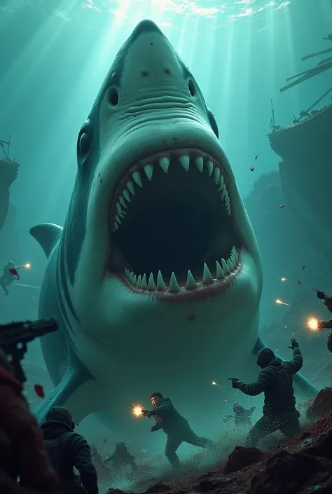 Shark bait movie, UHD 8K realistic some humans are being attacked by a huge, ferocious shark and seen to be on the prey and some others are shooting while swimming in the middle of the city sinking a sea of broken ships and red blood staining the seawater 