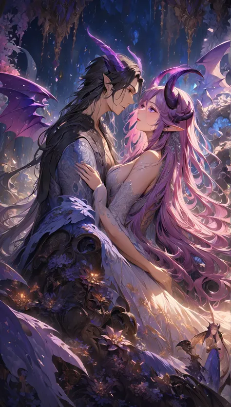 A side view of a couple gazing into each others eyes, the man with short horns and demon wings, the woman as an elf with long flowing hair, digital art, fantasy, beautifully detailed, ethereal atmosphere, soft lighting, vibrant colors, romantic setting, ma...