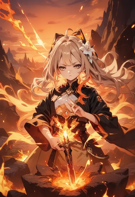  1 girl, bangs, breathing , combustion, Burnt clothes, embers, Ahoge, Beige Hair, Multicolored Hair, , inflammation,   Framing Sword  , (Put your hand on the handle),  standing,  long hair,  Pyrokinesis, Expressionless, cigarette, flower(symbol),  Alone, s...