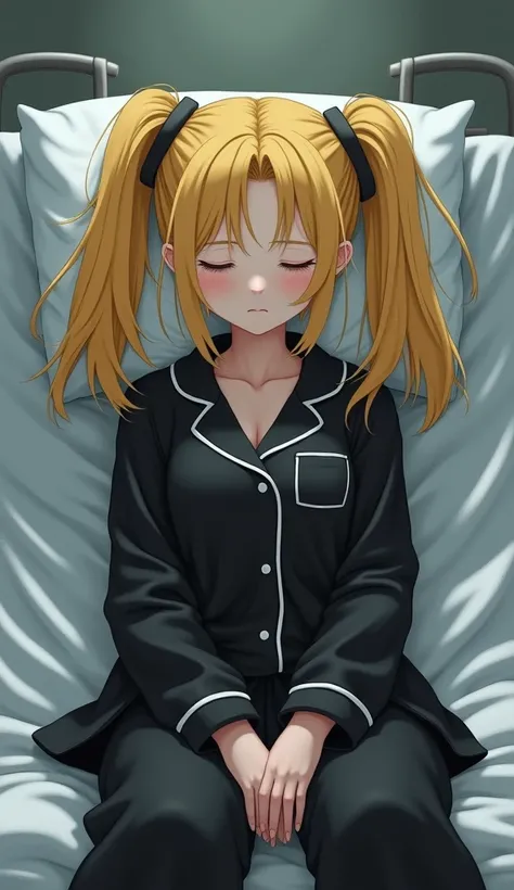  1 girl,  Grown Ups, twin tails,Dark yellow hair, hospital bed ,Baggy clothes, costume pajamas , high definition , masterpiece, accurate,  Very detailed,  textured skin, reality, closed eyes, fluffy pajamas,Black pajamas,sleep