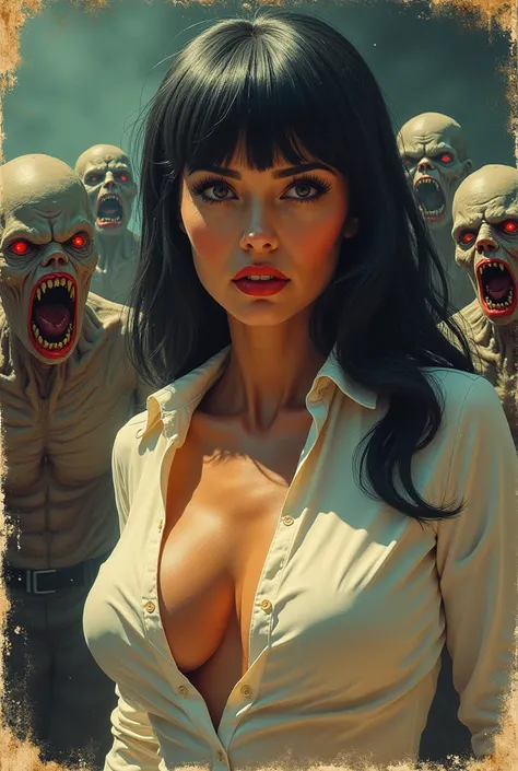 Retro 1950s sci-fi poster, featuring a voluptuous woman with straight, layered black-white hair, wearing a white shirt with a low neckline. She is being chased by a horde of lustful zombies. The scene has dramatic lighting that highlights both the womans h...