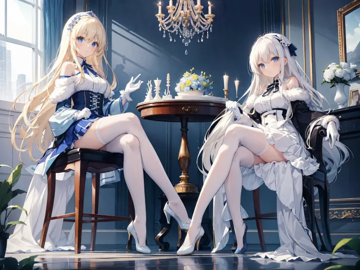 A modern living room ，Two long-haired girls 。
 One is wearing a blue and white off-the-shoulder pleated skirt ，Match it with white stockings， A blonde angel with blue heels and white gloves 。
 One is wearing a white over-the-knee dress with a high collar w...