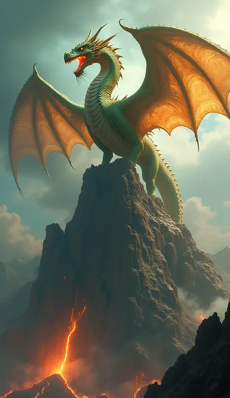 Realistic image of a massive, majestic dragon with shimmering scales in shades of gold and emerald, large, leathery wings spread wide, and fiery breath emanating from its mouth. Its eyes glow with ancient wisdom, and it is perched on a jagged mountain peak...