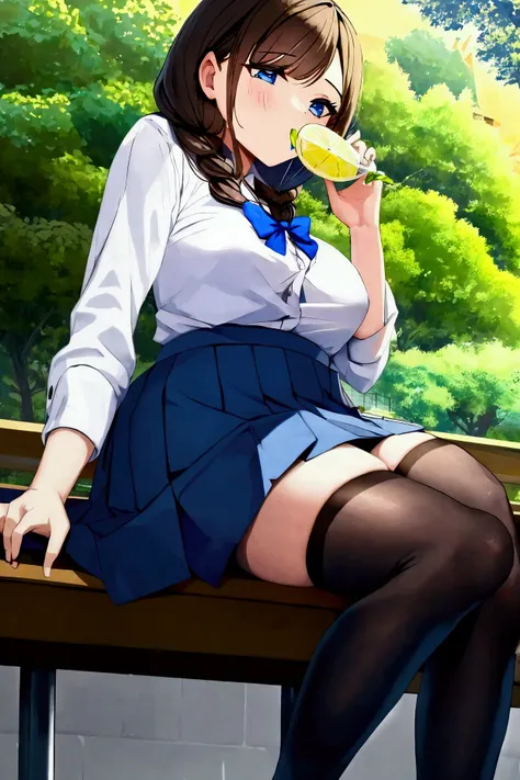 Beautiful school girl drinking lemonade, shes very pretty, brunette hair, braided hair, shes wearing a blue skirt and black thigh highs, shes wearing a white button up blouse with blue accents, school uniform, shes lean and thin, small oppai, at the park, ...