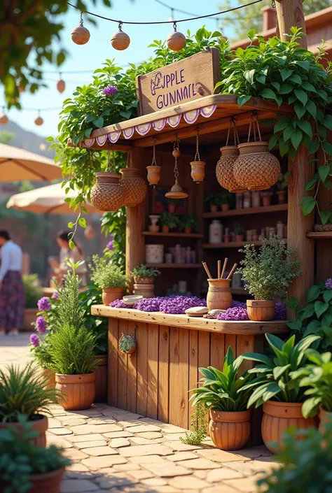  Create a bazaar-style sales stand based on the colors green , many plants with fewer purples, A lot of style of wooden things ,  vintage and wooded and semi-pastel colors for a specific candy brand, purple gummies