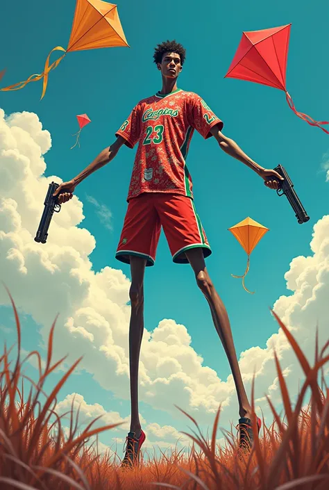 Create an image on a sports jersey with the Euphrazian image of a long-legged character with the two revolvers in his hands and a scene of several kites and a reel of kites in the background