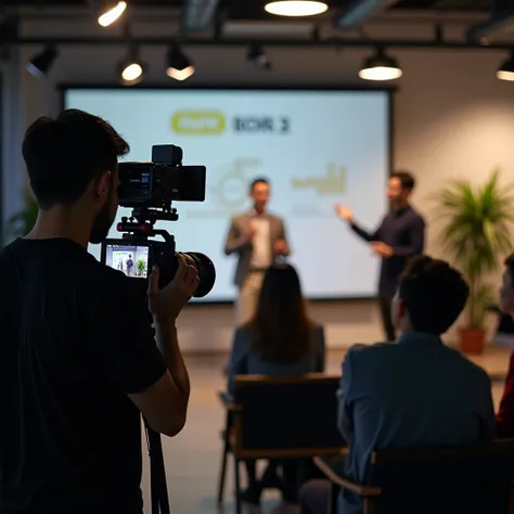 A cinematic, realistic shot of a minimalist video crew filming a tech startup’s launch event in a modern coworking space. The videographer, using a Sony FX3 camera on a handheld rig, focuses on a young Indonesian entrepreneur giving a presentation to a sma...