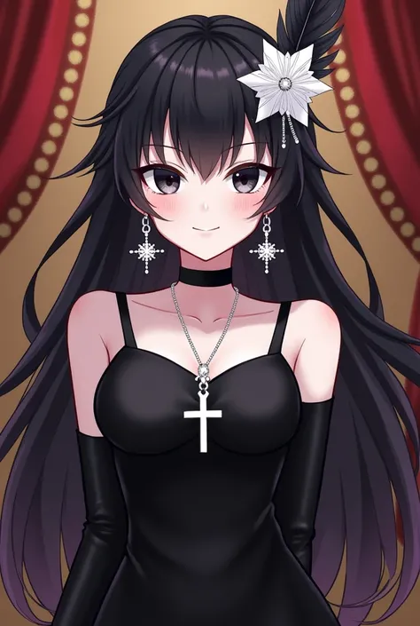 An anime-style illustration of a Roblox Girl character with white skin and a black eyes and a mischevious face and a Black dark Hair and wearing a black dress and a white art deco with back feather hair clip and a snowflake earrings and a black sleeve and ...