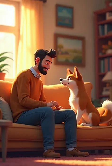 Man sitting and a dog laying and looking to the man in the sofa in the living room make animated