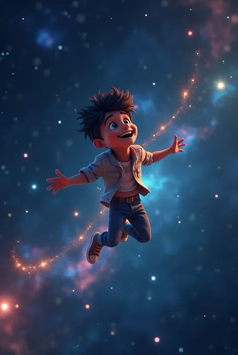 Generate in cinematic 3d cartoon style 
The young man flying effortlessly through the night sky, surrounded by stars and galaxies."