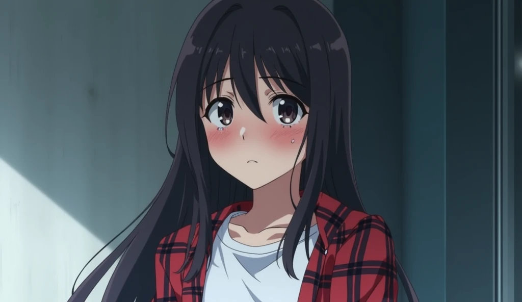 A Japanese teenage girl with long hair wearing a white T-shirt and a red plaid shirt outside. She looks sad with tears streaming down her cheeks. It is a half-body shot with emphasis on her face in an anime style.