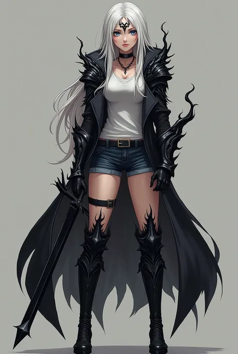 Woman with long white hair , grayish blue eyes, fringe, slightly muscular, wearing black denim shorts, black boot, t-shirt, black overcoat, gloves on hands,  with a black sword in his hand, black armor, ornament symbol drawn on the forehead, and black flam...