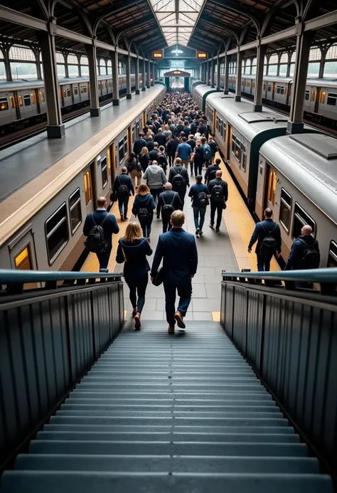  Busy Train Station, The station, the stairs leading to the platform, many passengers getting on and off, the view from below,