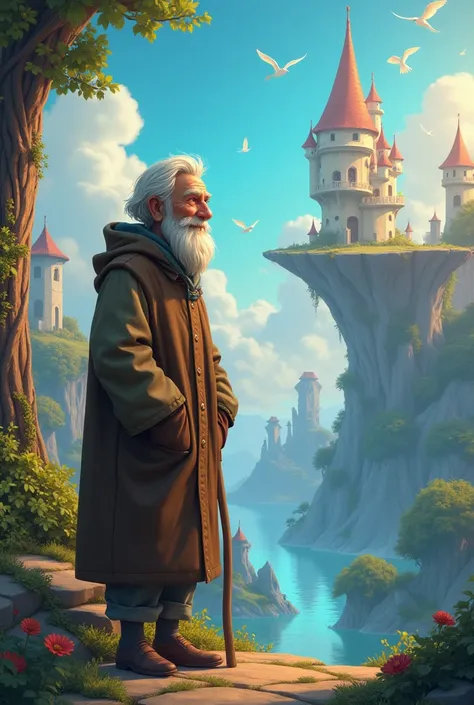 Generate in cinematic 3d cartoon style 
The old man standing in the distance, watching over the magical world with a content expression."