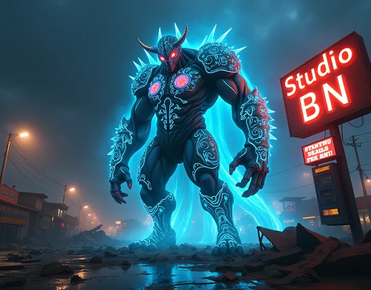 Creature with neon armor destroying the Gas Station Sign called Studio BN at night