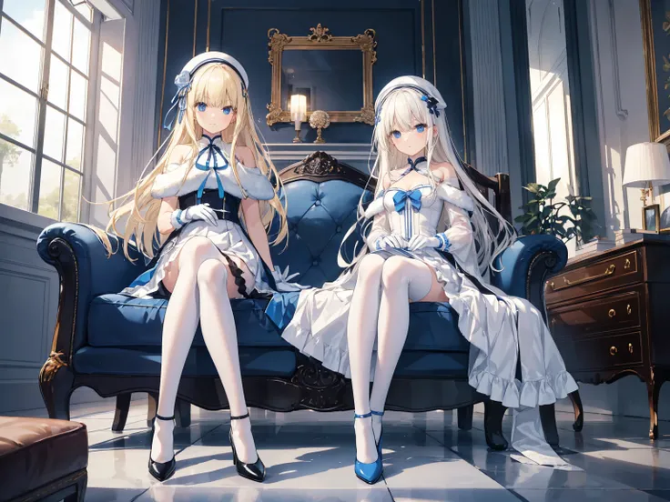 A modern living room ，Two long-haired girls 。
 One is wearing a blue and white off-the-shoulder pleated skirt ，Match it with white stockings， A blonde angel with blue heels and white gloves 。
 One is wearing a white over-the-knee dress with a high collar w...