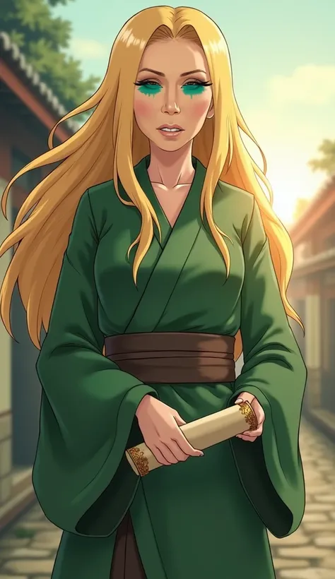 Tsunade,  A powerful and experienced shinobi .,  stands with an air of confidence .  Her striking features include captivating blue eyes that shine with determination and long,  Delicious golden hair cascading down her back ..  She has a well-toned physiqu...