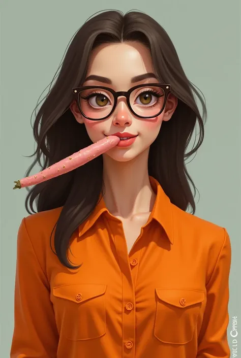  she is a woman 。 I have a long bite 。 its Sega Takai 。The shirt is orange。
I have glasses 。
