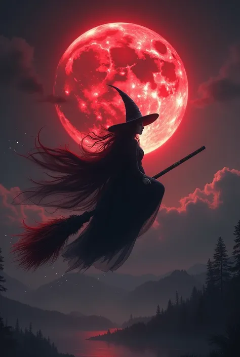 A beautiful witch flying with her broom under the blood moon