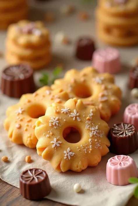  Create an image showing some dry pasta cookies ,  chocolate small chocolates , and other handmade candies  