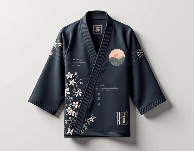 "Design a minimalist Jiu-Jitsu kimono inspired by Bushi (Samurai Warrior) and Bushido (The Way of the Warrior), with subtle Japanese elements. The kimono should feature a classic color palette of black, dark blue, or gray. The interior should be sublimated...