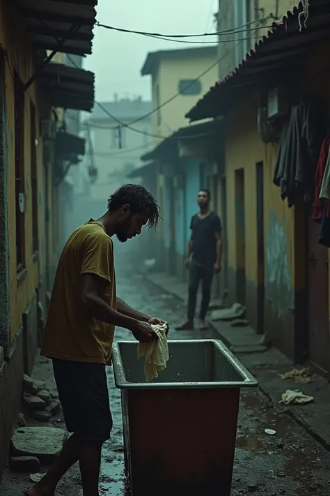 Generate the image of Neymar doing laundry in a favela at 3 : 30 in the morning while Messi and Ronaldo watch him from a dark alley