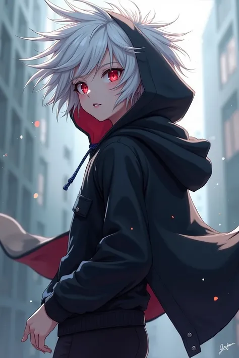 Make my Minecraft skin to a anime white hair red eye black hoodie
