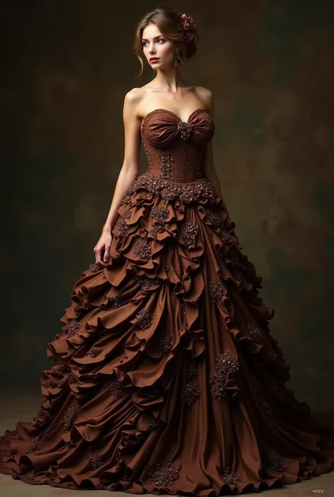 Full body view of a beautiful woman dressed like a chocolate cake