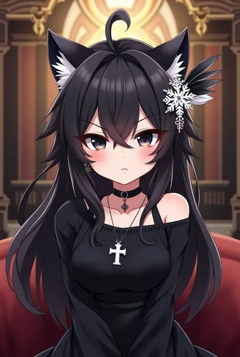 An anime-style illustration of a Roblox Girl character with and a black eyes and a mischevious cat girl face and a Black dark Hair and wearing a black dress and a white art deco with back feather hair clip and a snowflake earrings and a black sleeve and a ...