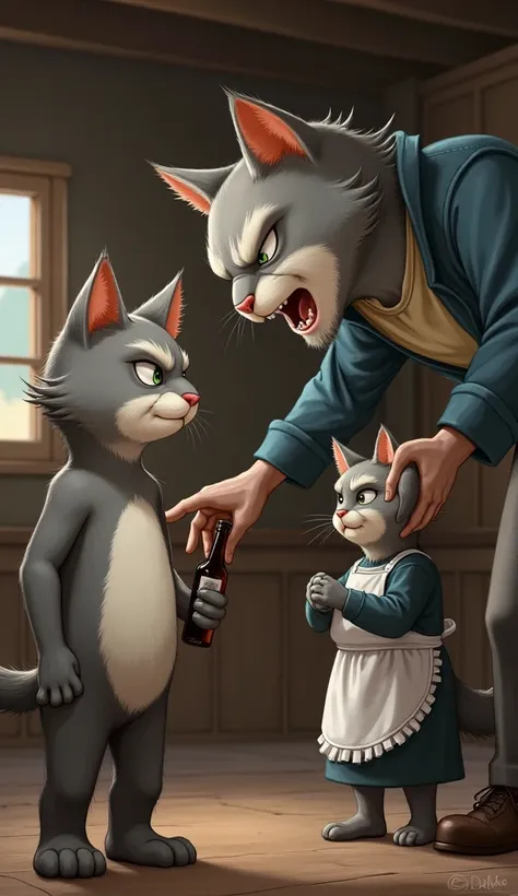 "In a rustic room, the humanoid cat protagonist, with short gray fur, a white spot on his chest and bright green eyes, is dressed in simple clothes and argues with his father, an older humanoid cat with gray and white fur, who is holding a bottle in one pa...