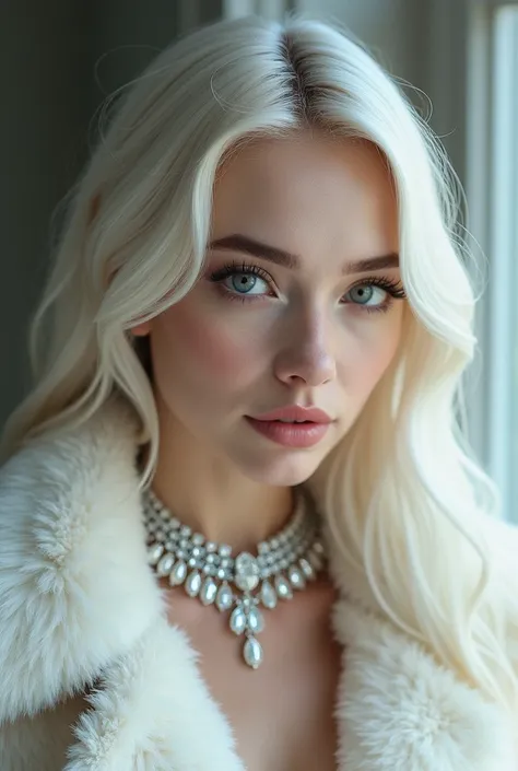 27-year-old young, big eyes, with long platinum blonde hair, thick lips with glitter, illuminated face with white skin, big breasts, thin, with a shiny diamond necklace, white fur coat,  