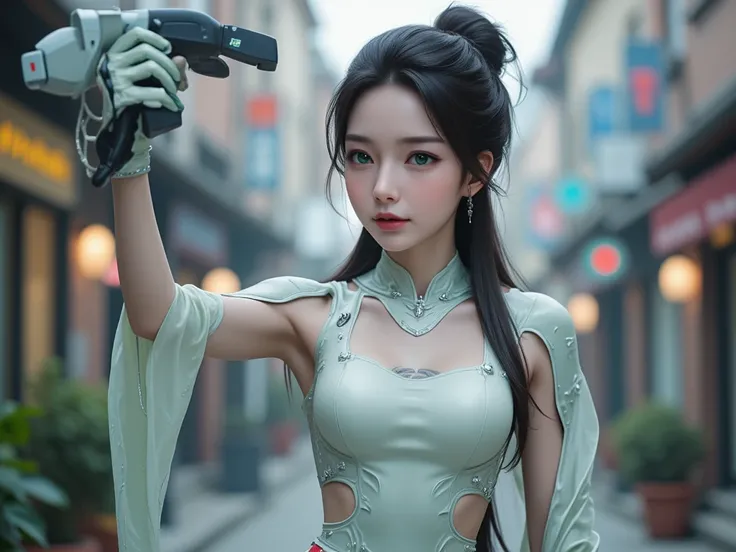 Photography fullbody random poses, (Beautiful Female Japanese face, (green puri eye)), (Beautiful cup-A small chests), (white pale skin and athletic physique body), (with cyberware accessories), (wearing pretty modern dress and pretty skirt, very long thic...