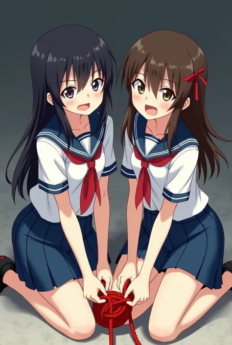 Anime Girl，The picture shows two young girls kneeling on the ground and being interrogated by thin red ropes all over their bodies，Expression of resistance。Sailor Suit，