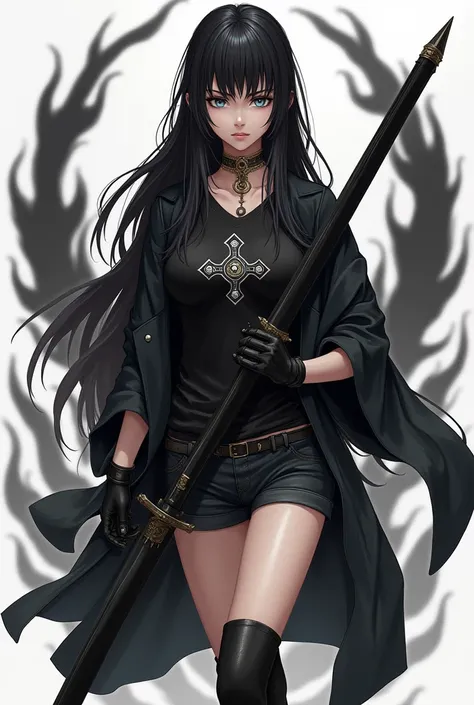  woman with long black hair  ,  greyish blue eyes , fringe, slightly muscular,  Wearing black denim shorts , black boot, t-shirt, black coat, gloves on hands,   with a black sword in her hand , Armadura preta,  symbol of ornament drawn on her forehead, and...