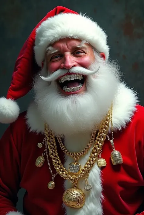 make santa smile with grills in and rapper chains like ken Karson. make it darker like a ken Karson image. make sure hes smiling with shiny grills in his teeth