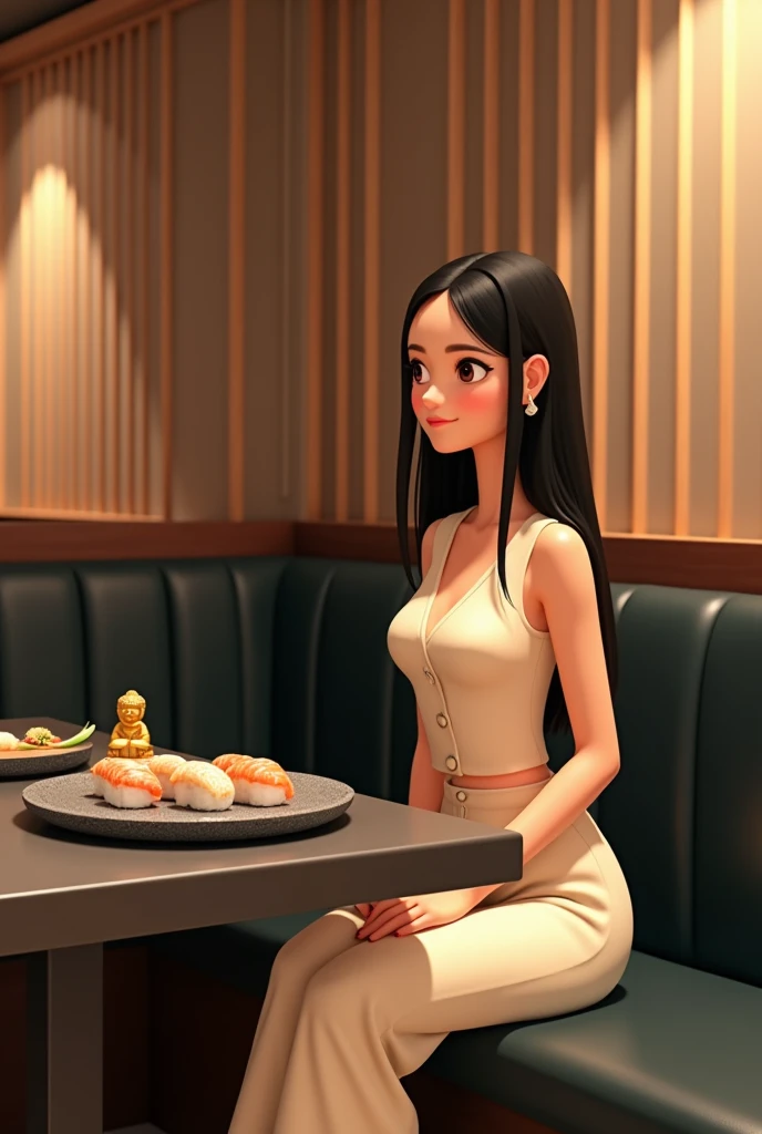 Woman 30 years, long straight black hair, wearing creme short sleeveless buttoned vest and creme long loose trousers with white sneakers. At Sushi restaurant with wood slat paneling in walls, black rectangular tables, sitting on black leather upholstered b...