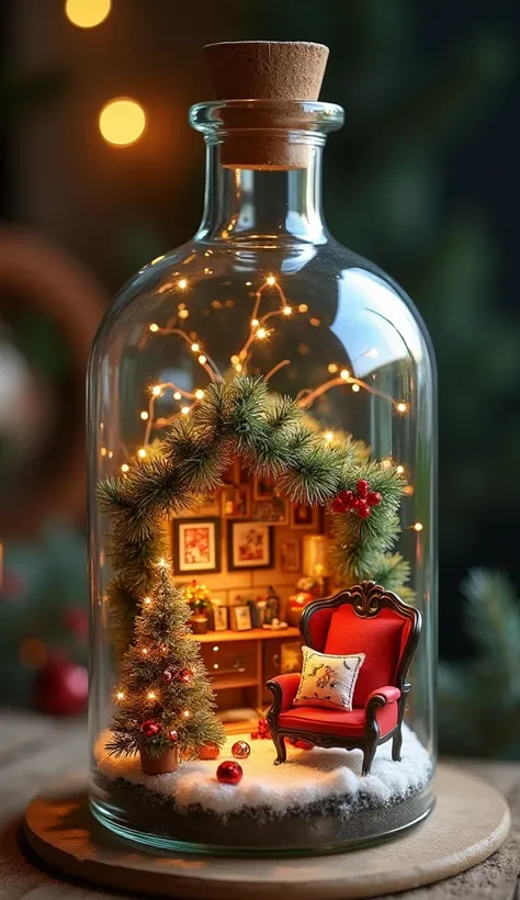 In a transparent bottle, the 、Christmas Town、 background is a Christmas room、Very stylish、 real