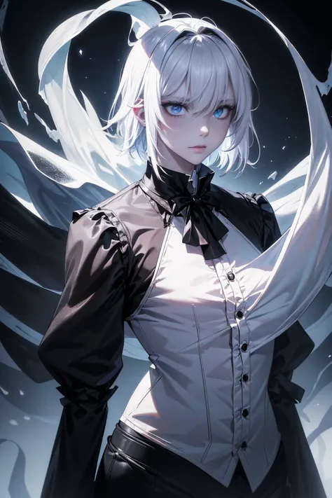 1 man, GHOST, ghostly, MALE, FEMBOY, solo androgynous male, soft delicate features, male, beautiful femboy, fully clothed in victorian boy clothes, black loose shorts, big penis bulge in shorts, white blouse blushing, flowy white hair, uneven bangs over on...