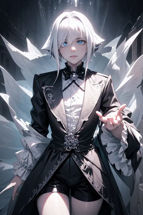 1 man, GHOST, ghostly, MALE, FEMBOY, solo androgynous male, soft delicate features, male, beautiful femboy, fully clothed in victorian boy clothes, black loose shorts, big penis bulge in shorts, white blouse blushing, flowy white hair, uneven bangs over on...