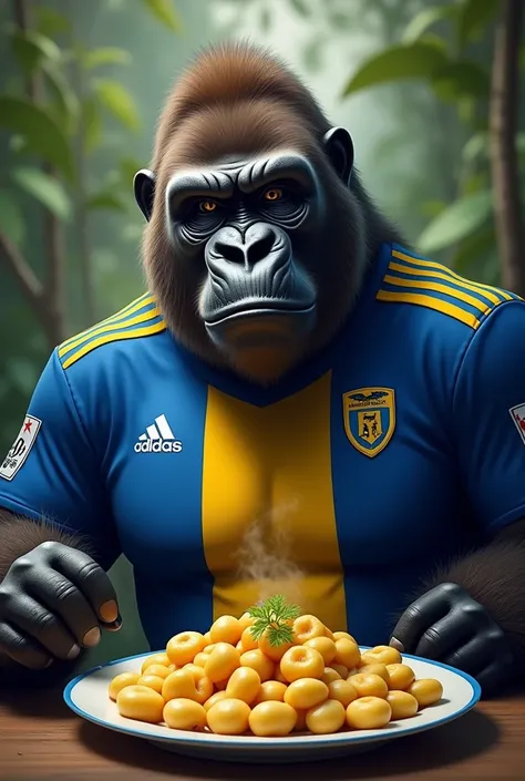 Create an image of a gorilla wearing the Club Boca Juniors soccer jersey eating gnocchi 
