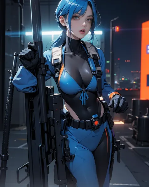 Perspective view angle with anamorphic lens, eyes on the viewer. realistic background. female cyberpunk samurai mecha in dynamic action style, North european supermodel face with bright blue hair, large breasts, slightly open mouth, wearing grey, blue and ...