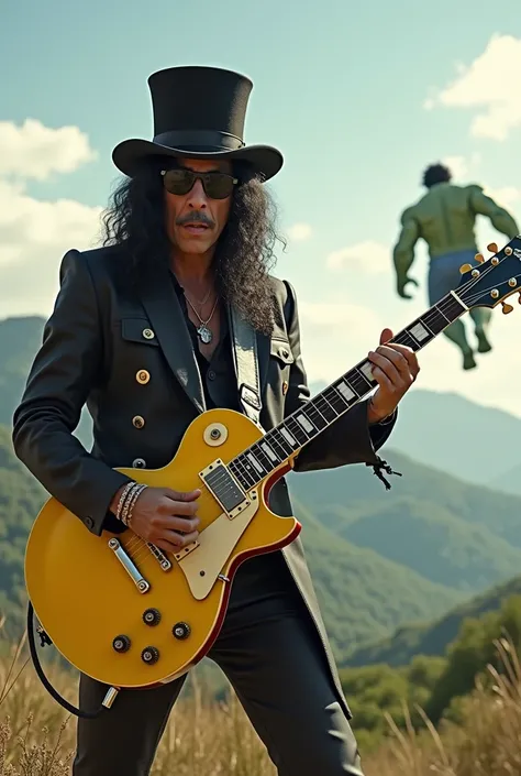  Slash playing yellow guitar ,  on top of a hill , Slash curly hair  ,  dark glasses and hat hat .  In the distance amidst a breeze  ,  a monster known as HULK appears 

