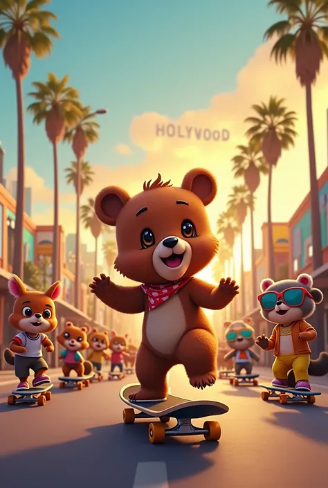 Create a picture of a brown bear cub skateboarding with a crowd of friends in Los Angeles. In the evening, the orange sun looks and feels relaxed and fun.