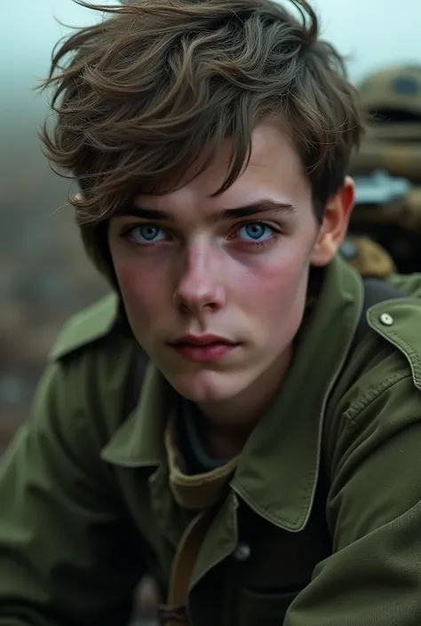 Male young soldier during ww1, looks out of a movie, with brown messy hair and light green eyes. No helmet or hat, just in green uniform.