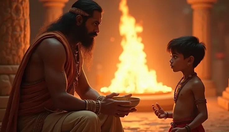 High quality HD 4k imege Generated,"Nachiketa, a small boy with innocent eyes, questioning his father. Vajashrava looks annoyed, holding a sacred utensil, with the yajna fire burning brightly in the background."