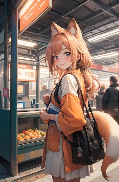 (  Masterpiece ),    best quality ,    super high resolution, ((A bustling station))，People passing by々 ，Station kiosks 、Its a , baby fox with a cute tail， apricot hair 、Apricot-colored clothing、 smile，Professional photography，Wide angle