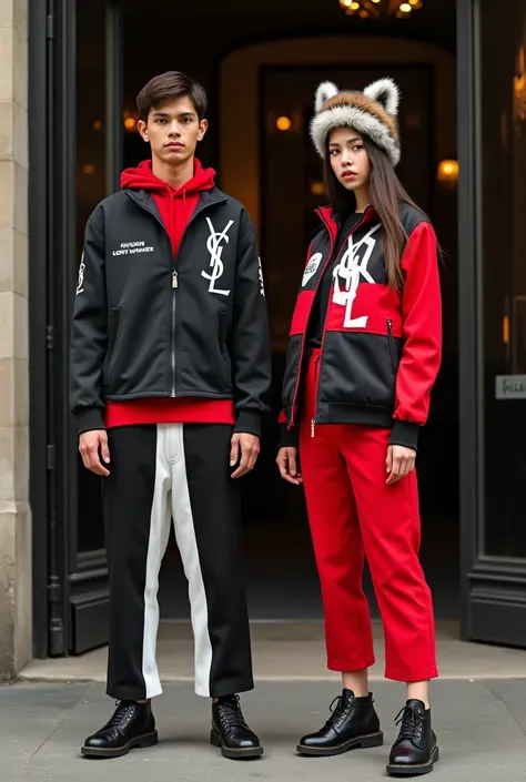    Highest Quality and    【【8K resolution ,  Height Difference,   Young Tall Handsome Black Hair Short Hair Men   ,     Brown Long Hair Slim Chest Beauty Tied Up Ponytail     ,  All Wearing YSL Saint Rolands Classic Retro Black Red，red and white，Sportswear...